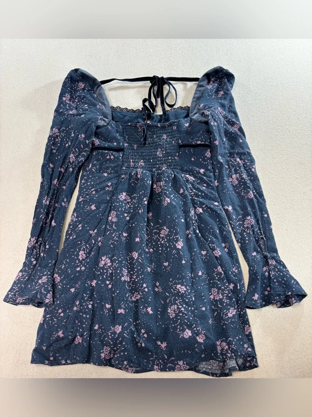 Free People Tess Floral Mini Dress Velvet Lace Sweetheart Neck Size Small - Picture 4 of 7